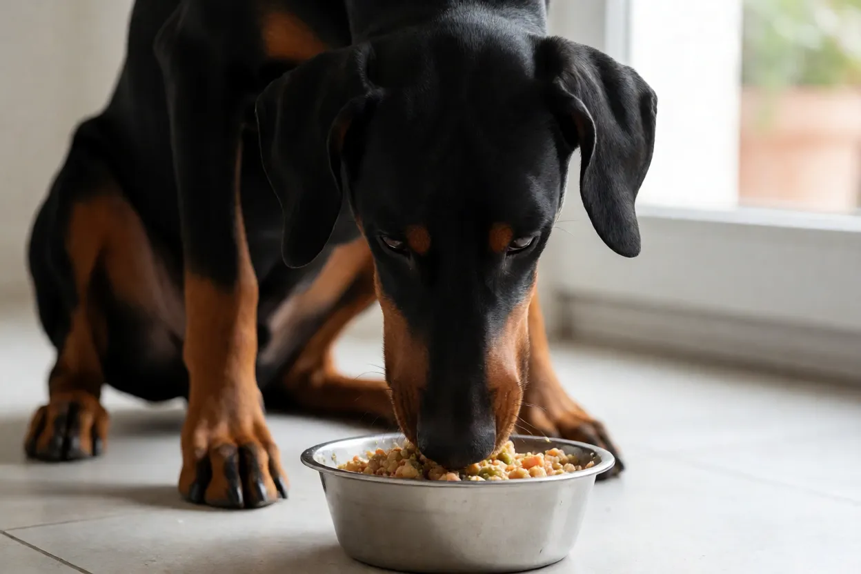 Doberman adulto comendo ra&ccedil;&atilde;o em tigela