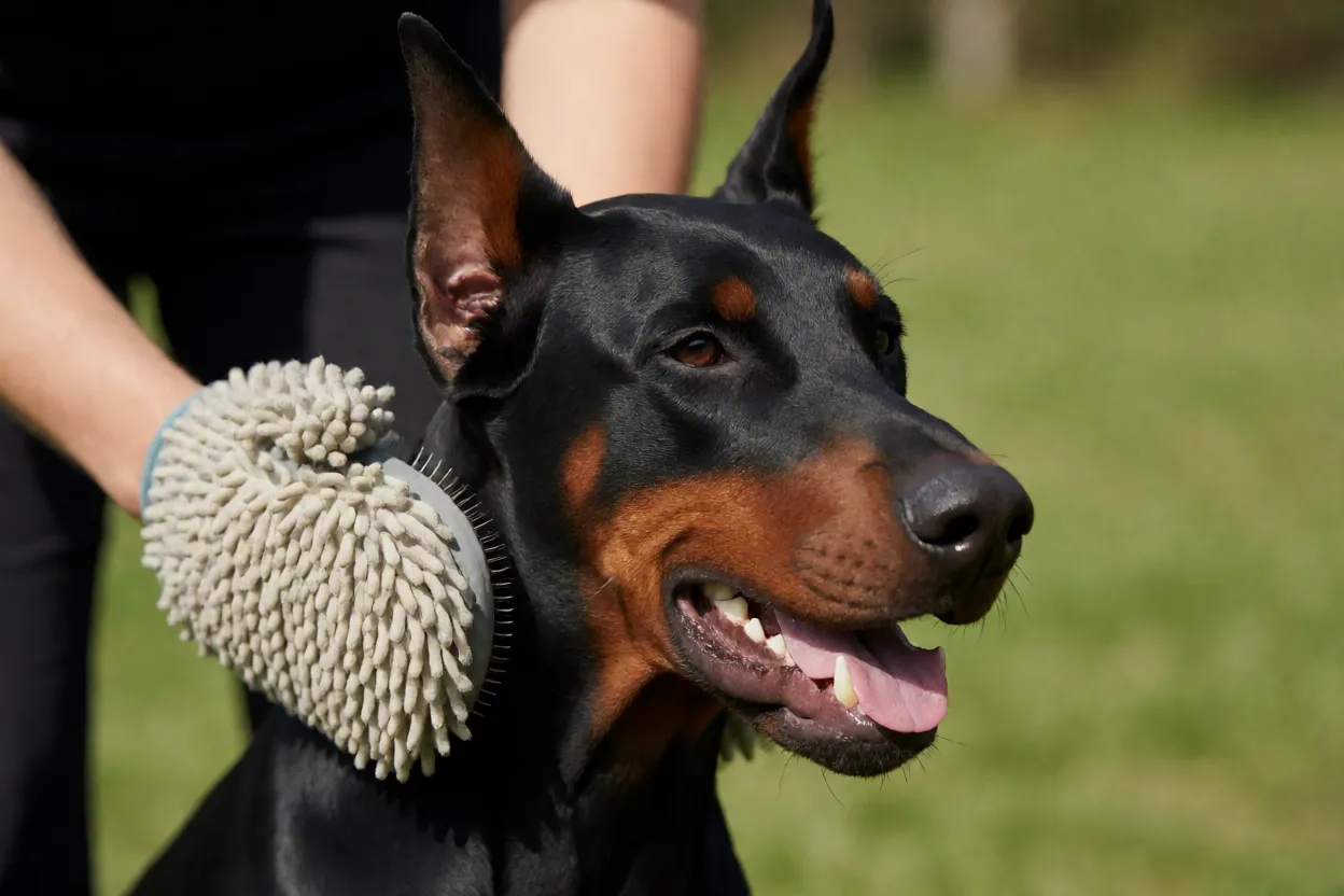 Doberman sendo escovado