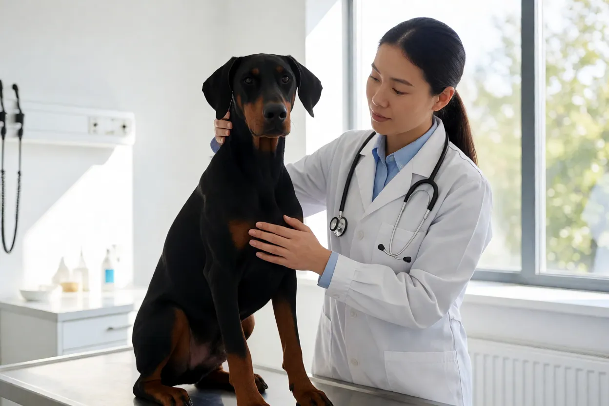 Veterin&aacute;rio examinando cora&ccedil;&atilde;o de Doberman