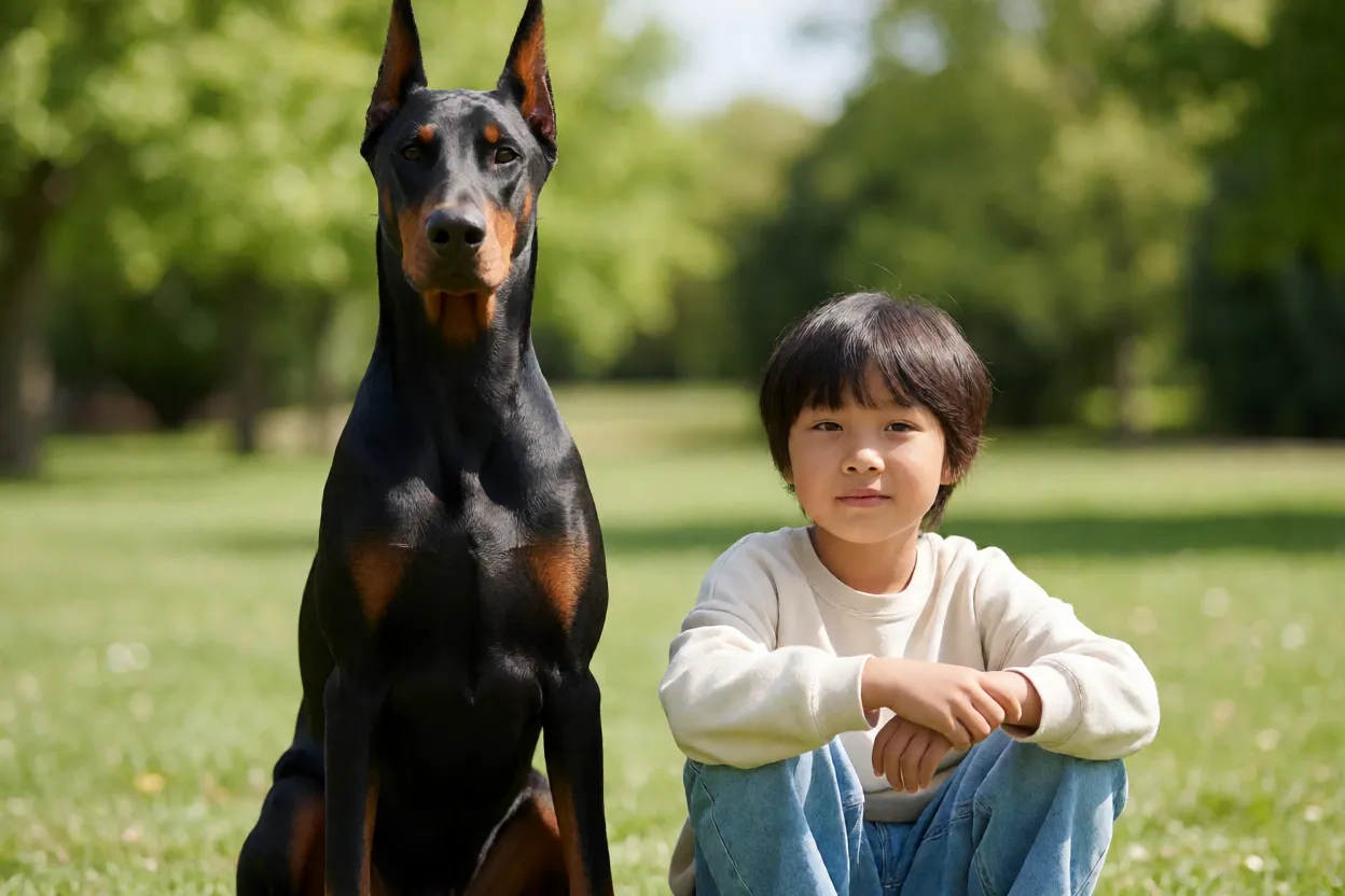 Doberman interagindo com crian&ccedil;a sob supervis&atilde;o