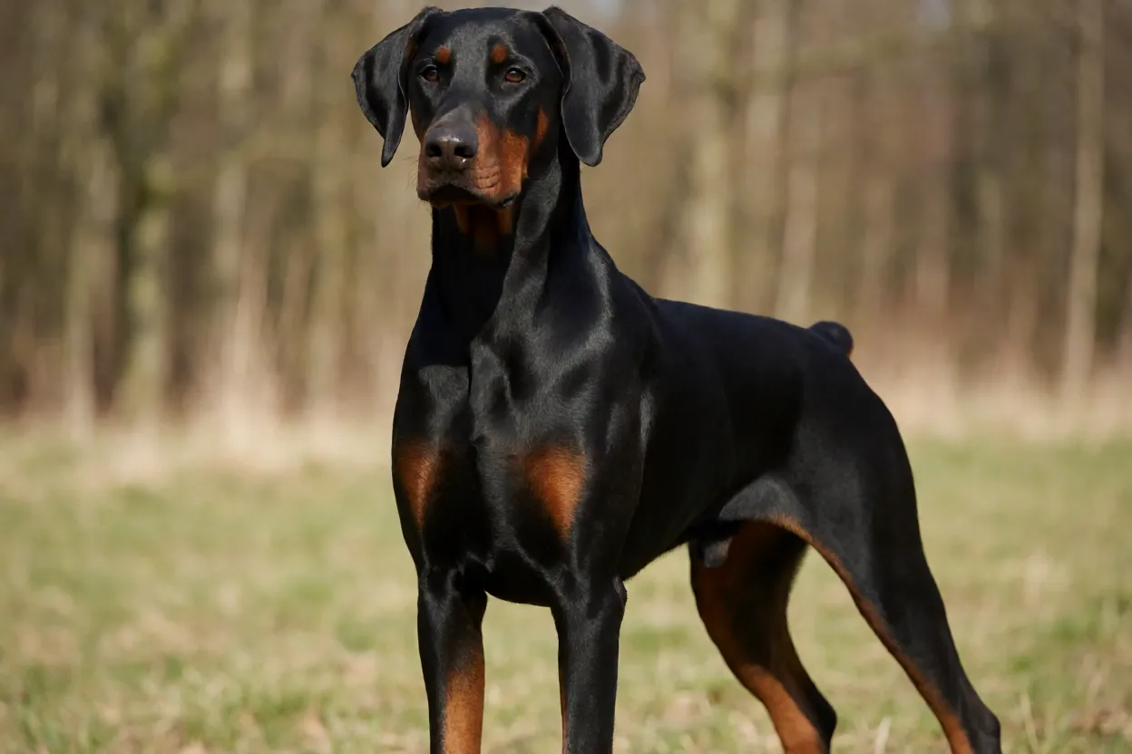 Dobermann Dobermann adulto de corpo inteiro em pé ao ar livre com pelagem preta e castanha
