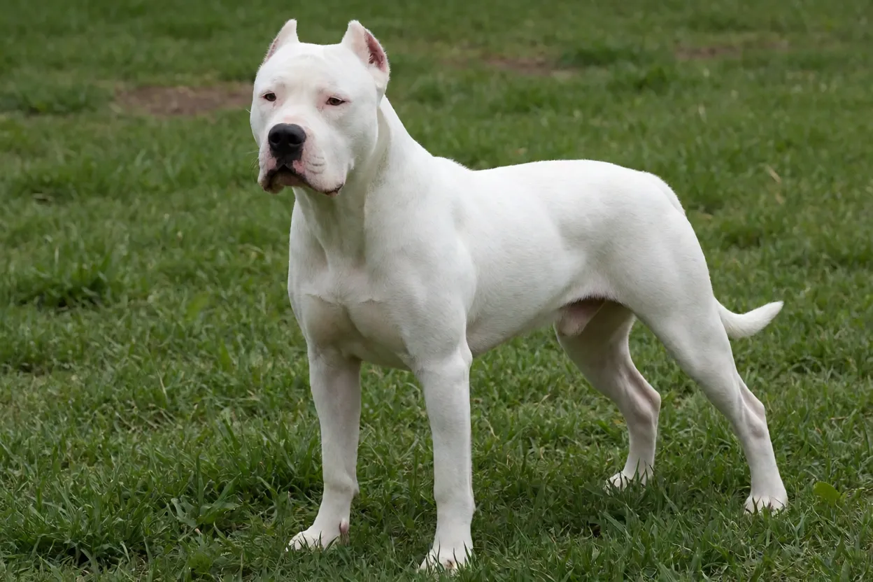 Dogo Argentino adulto branco em pé na grama visto de três quartos
