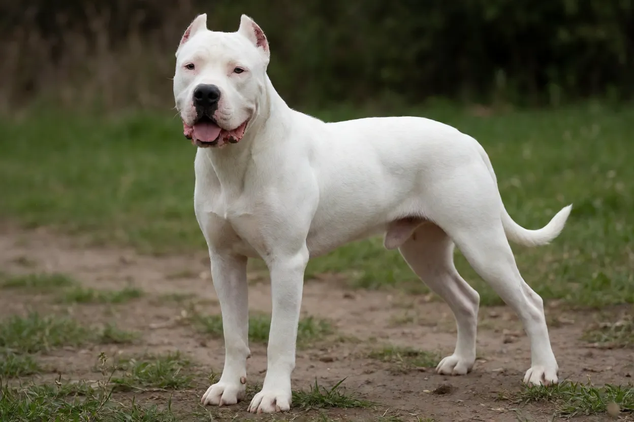 Dogo Argentino adulto branco em pose de alerta