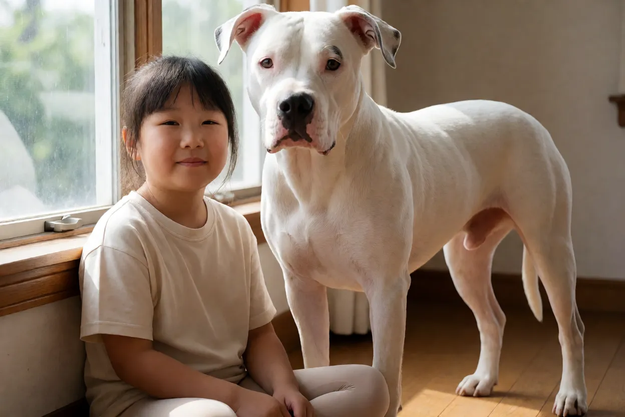Dogo Argentino ao lado de crian&ccedil;a