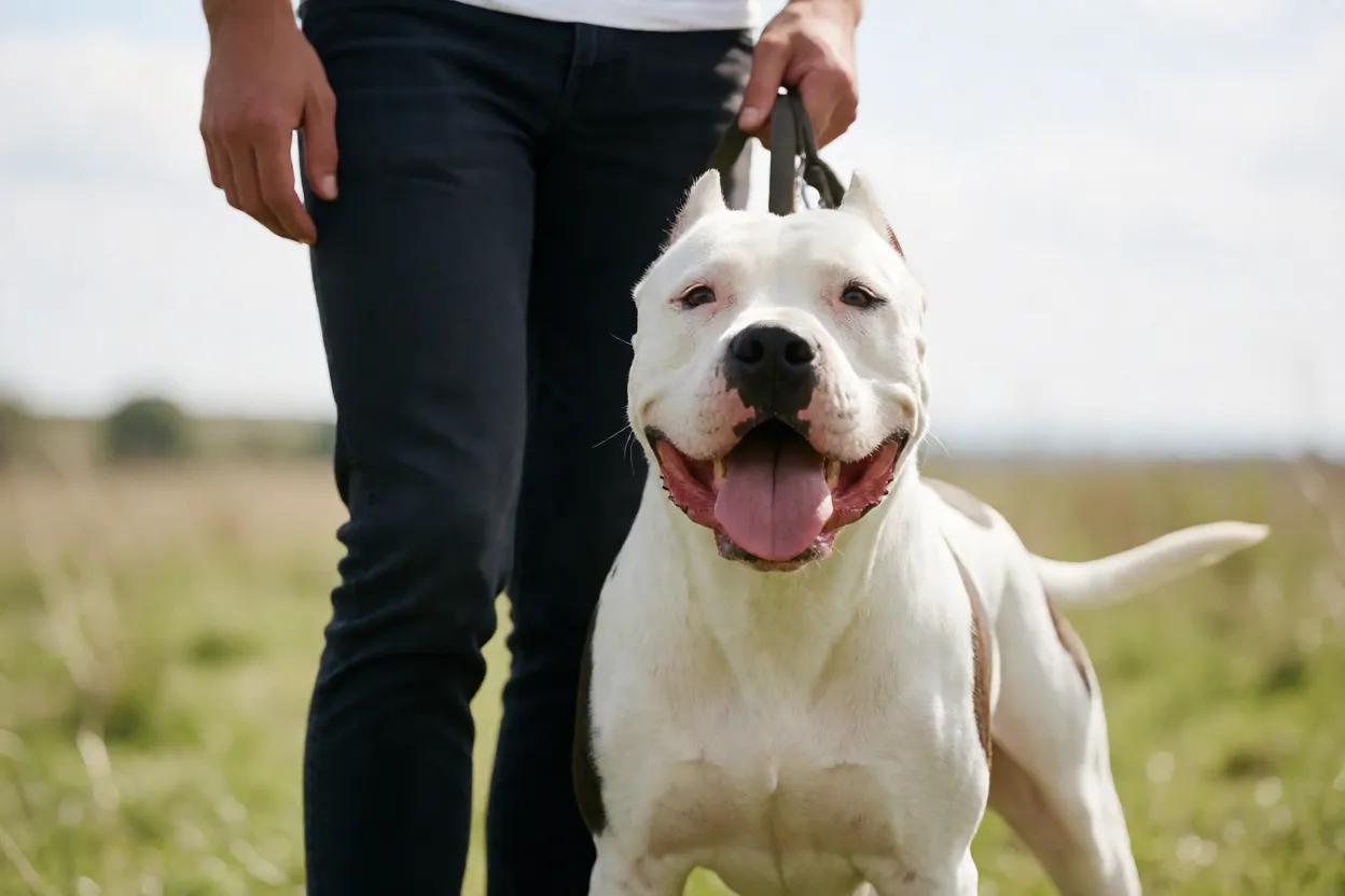 Dogo Argentino adulto feliz com tutor