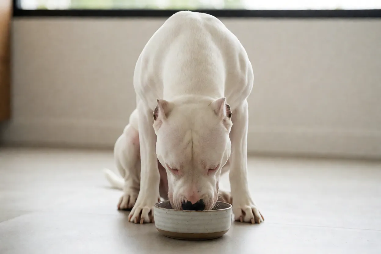 Dogo Argentino comendo ra&ccedil;&atilde;o