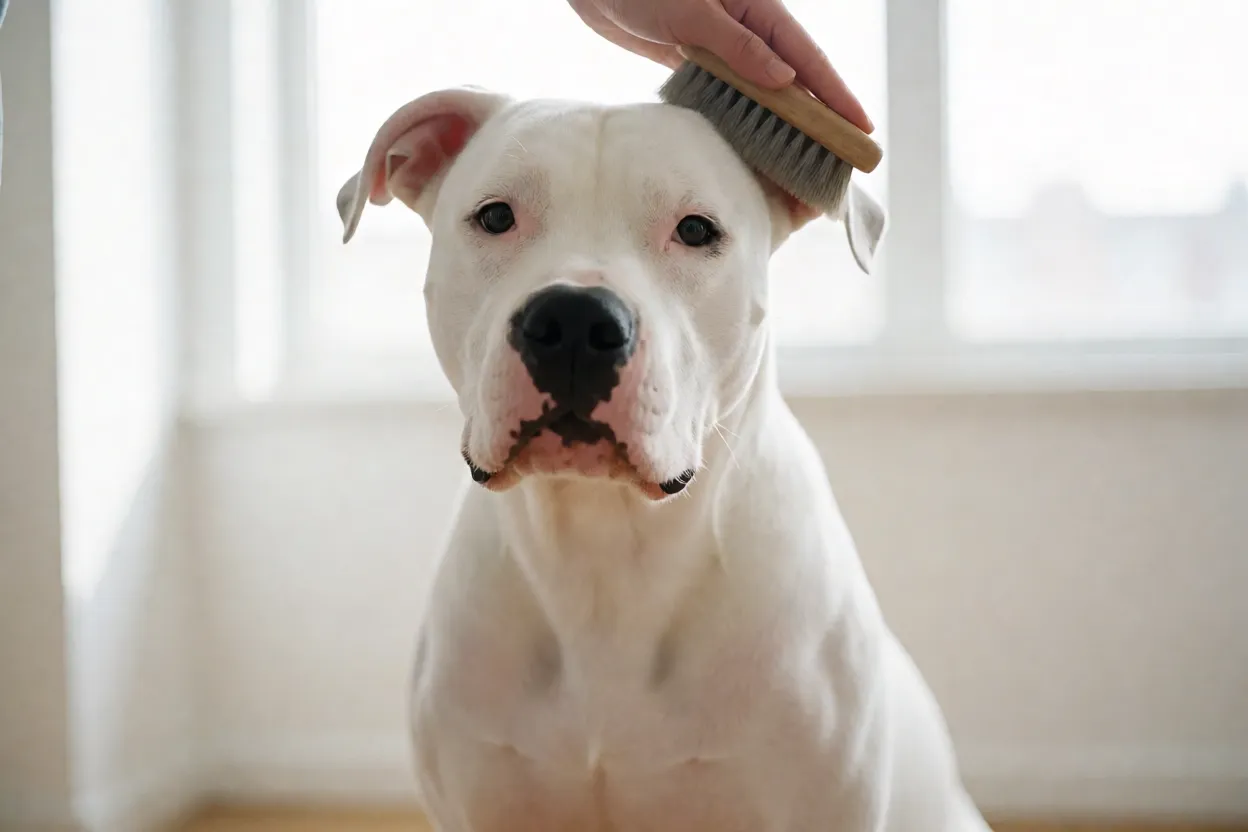 Dogo Argentino sendo escovado