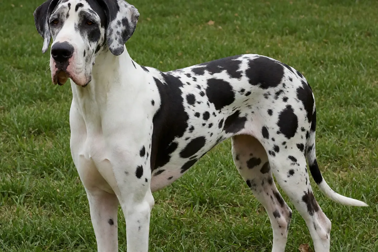 Dogue Alemão adulto em pé de corpo inteiro ao ar livre com pelagem arlequim