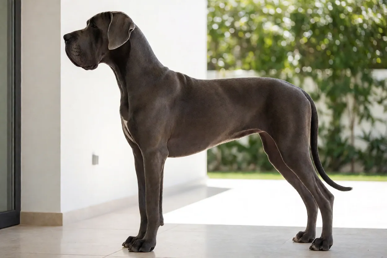 Dogue Alem&atilde;o adulto de perfil mostrando o porte gigante e a apar&ecirc;ncia elegante