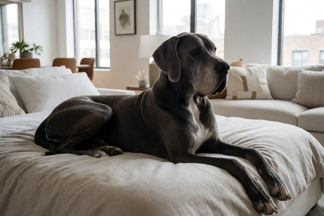 Dogue Alem&atilde;o descansando tranquilamente dentro de uma sala espa&ccedil;osa