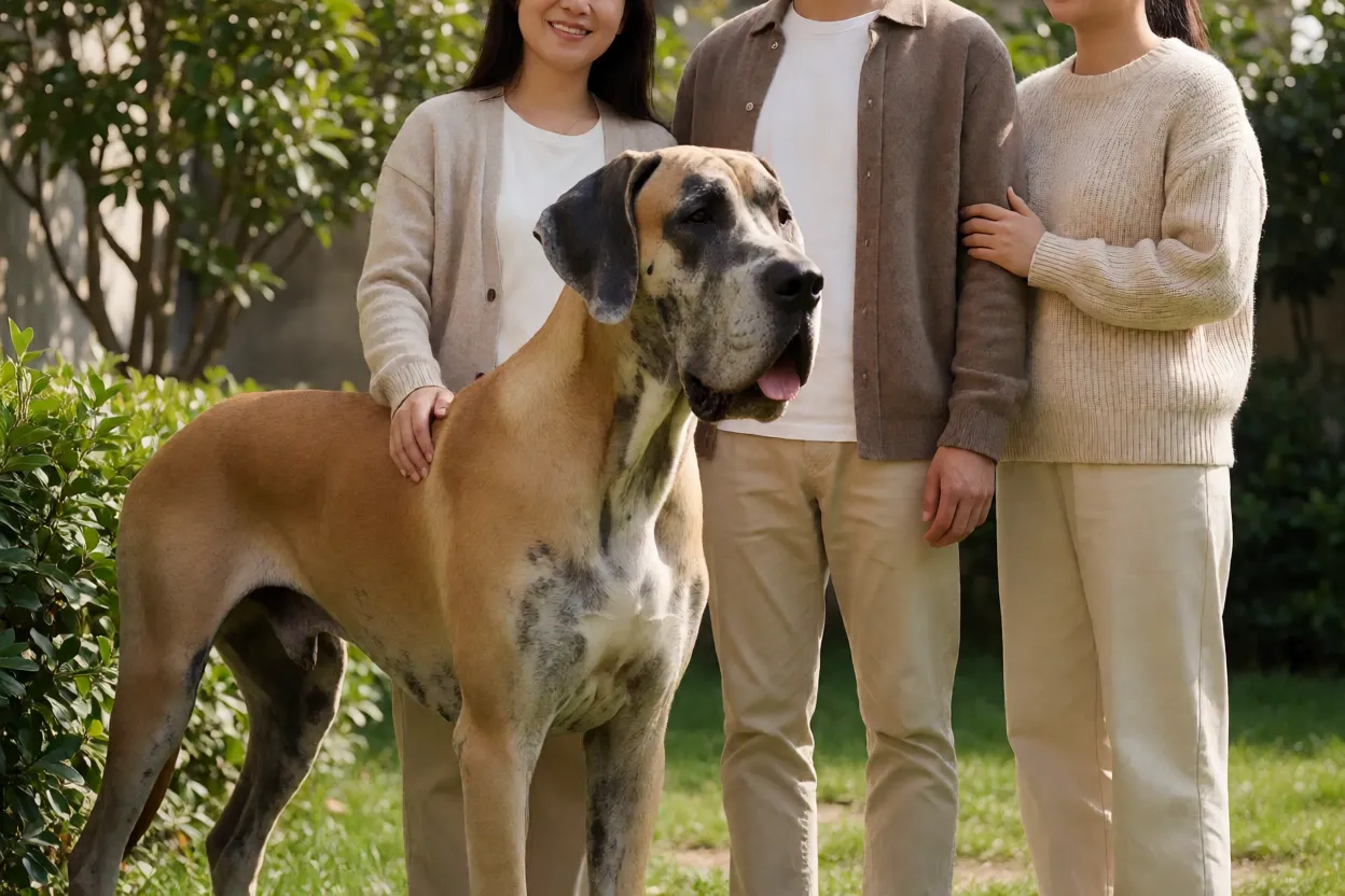 Dogue Alem&atilde;o adulto ao lado de sua fam&iacute;lia em um momento tranquilo