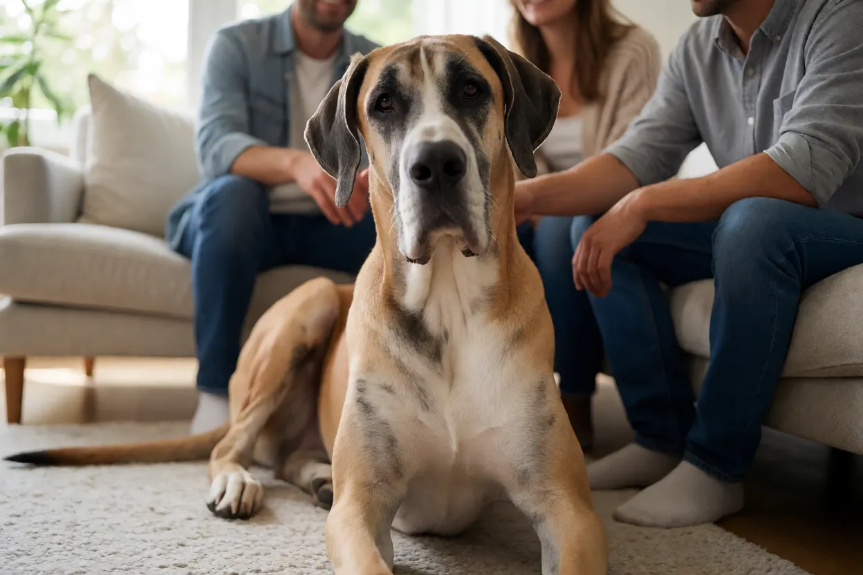 Dogue Alem&atilde;o tranquilo e afetuoso convivendo com sua fam&iacute;lia