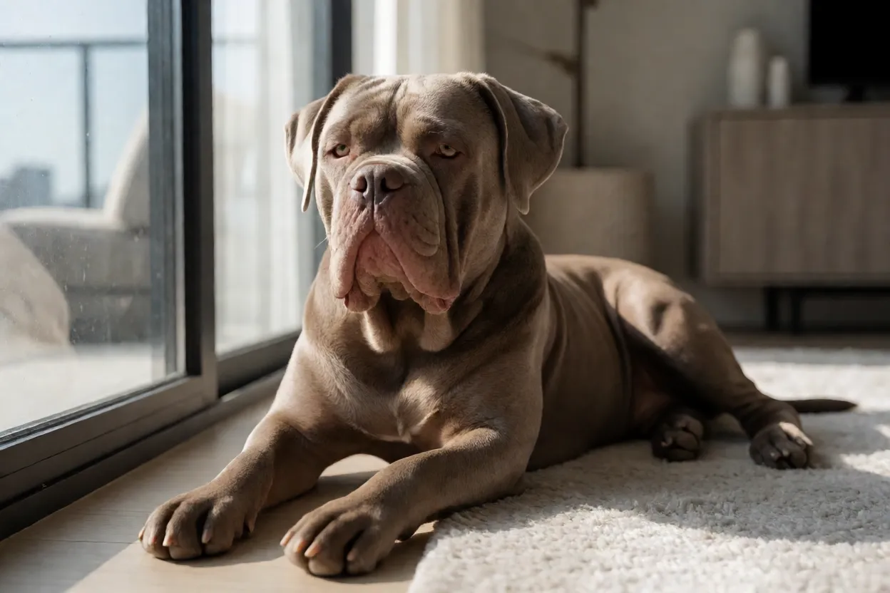 Dogue Brasileiro adulto descansando em apartamento moderno