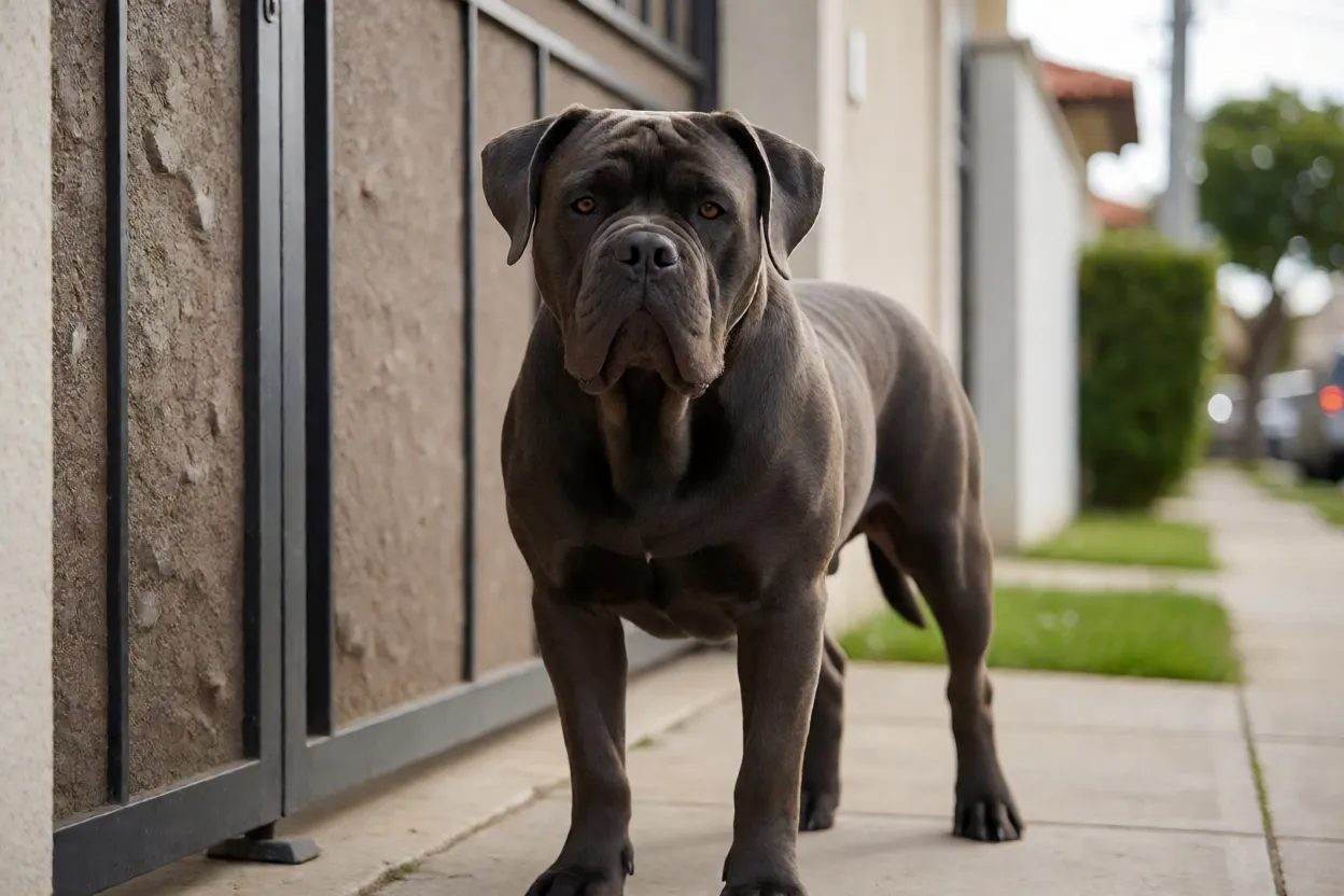 Dogue Brasileiro adulto em postura de guarda perto de port&atilde;o residencial