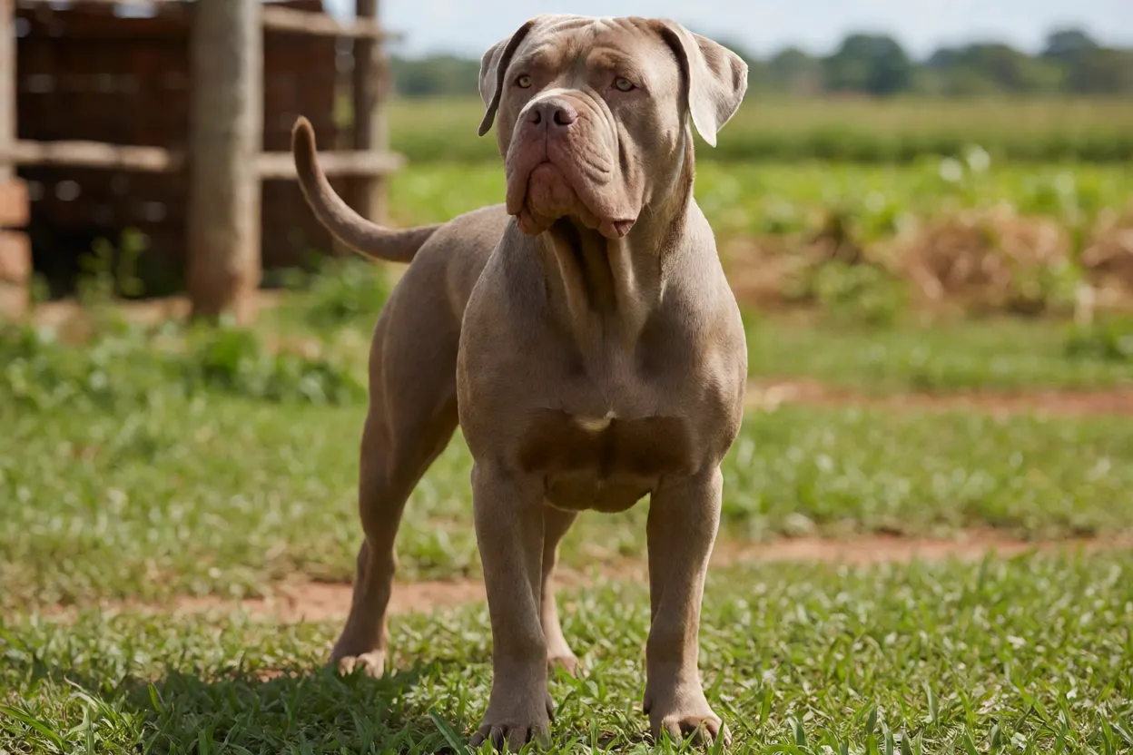 Dogue Brasileiro adulto em postura de aten&ccedil;&atilde;o em ambiente rural