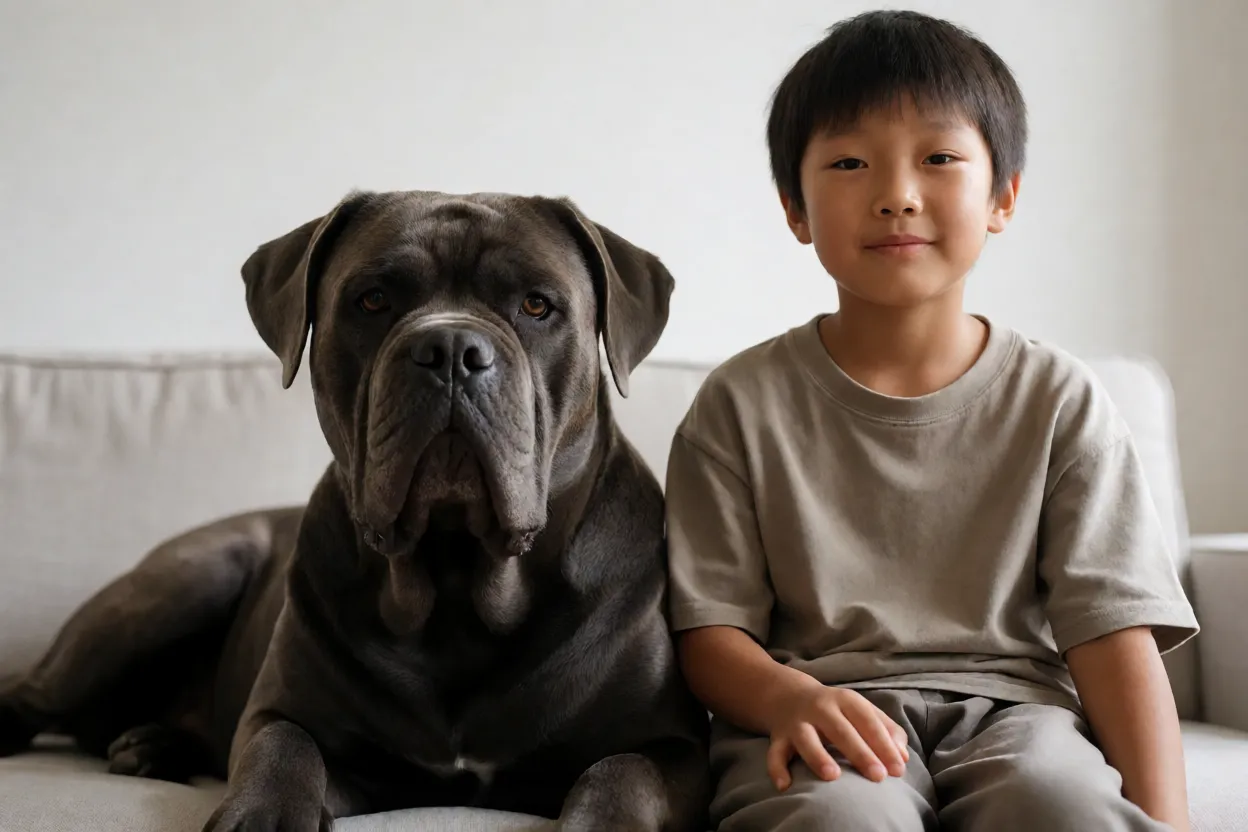 Dogue Brasileiro adulto deitado ao lado de crian&ccedil;a em ambiente dom&eacute;stico