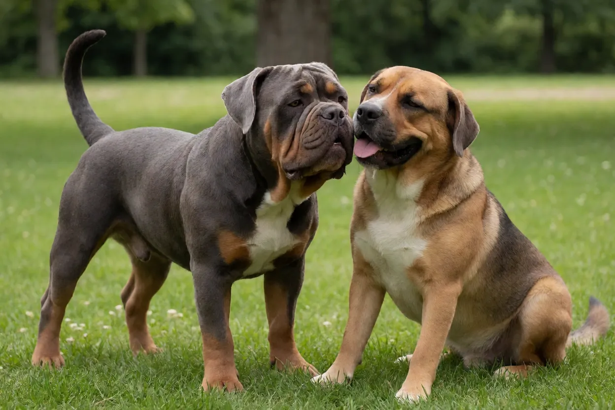 Dogue Brasileiro e outro c&atilde;o interagindo de forma calma em parque