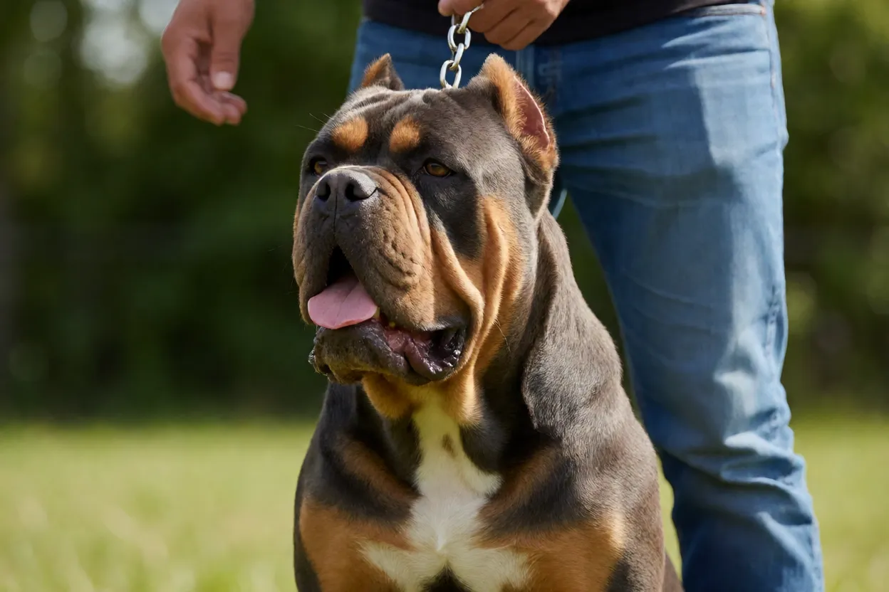 Dogue Brasileiro adulto executando comando de sentar ao ar livre