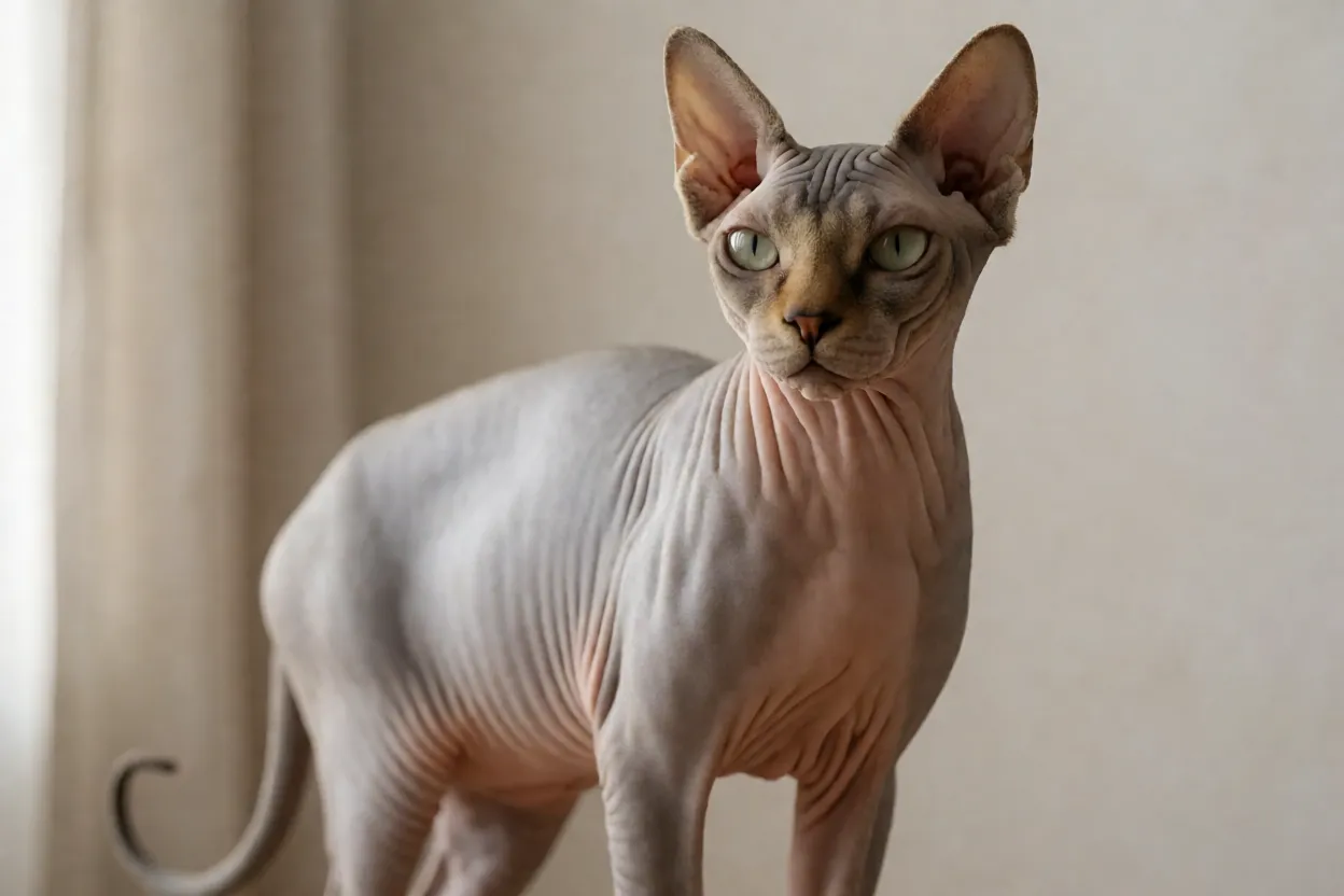 Don Sphynx Gato Don Sphynx adulto sem pelos em pé mostrando corpo musculoso e pele enrugada