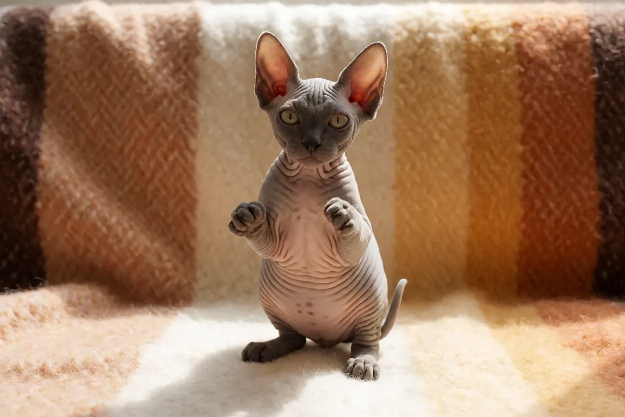 Filhote de gato Don Sphynx sem pelos brincando sobre manta