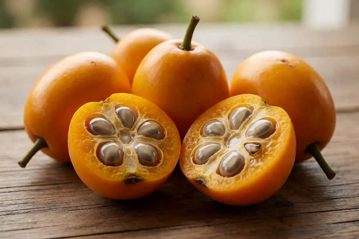 Frutos maduros de Dovyalis cortados e inteiros sobre mesa rústica