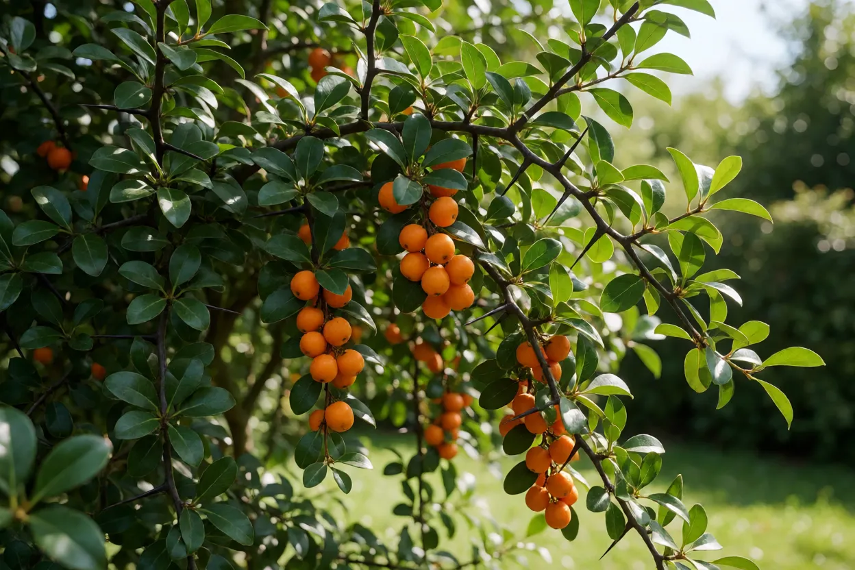 Arvoreta de Dovyalis com frutos alaranjados e espinhos nos ramos