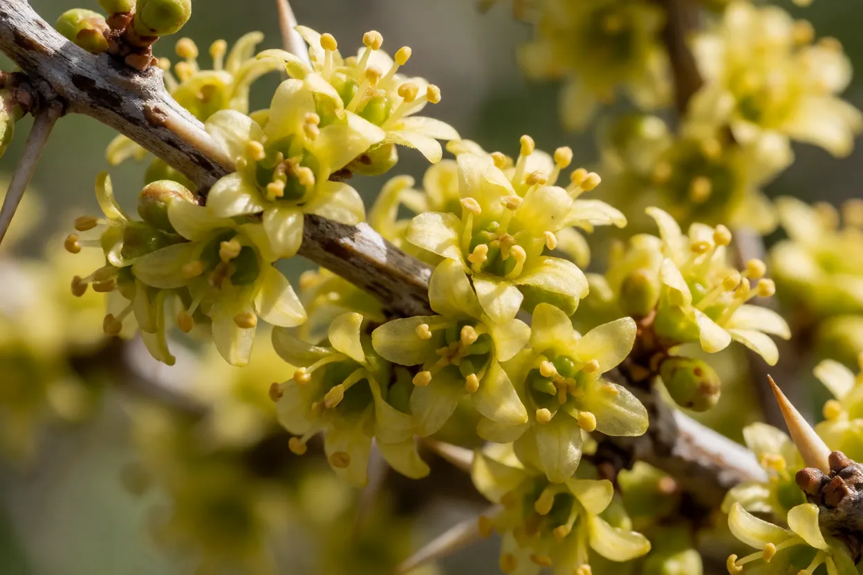 Flores pequenas amareladas de Dovyalis nos ramos espinhosos