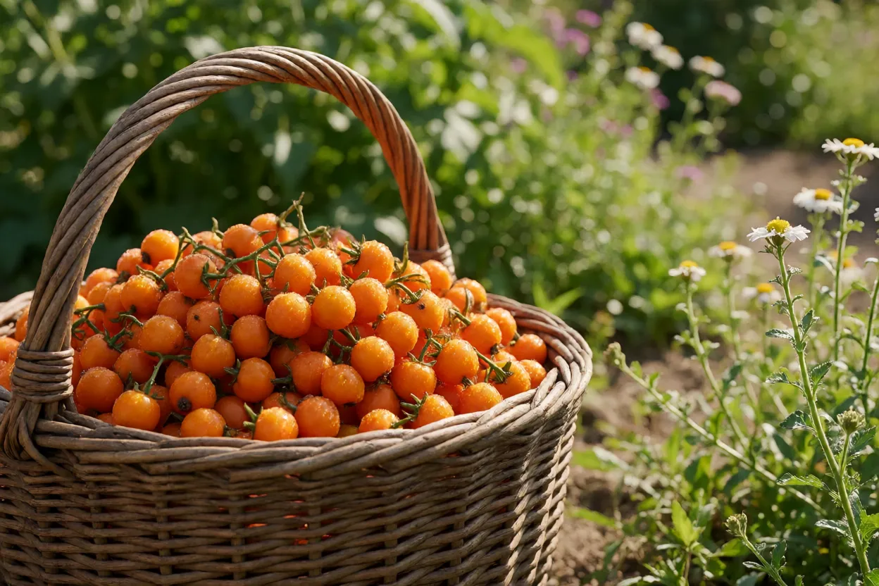 Cesta com colheita de frutos de Dovyalis recém-colhidos