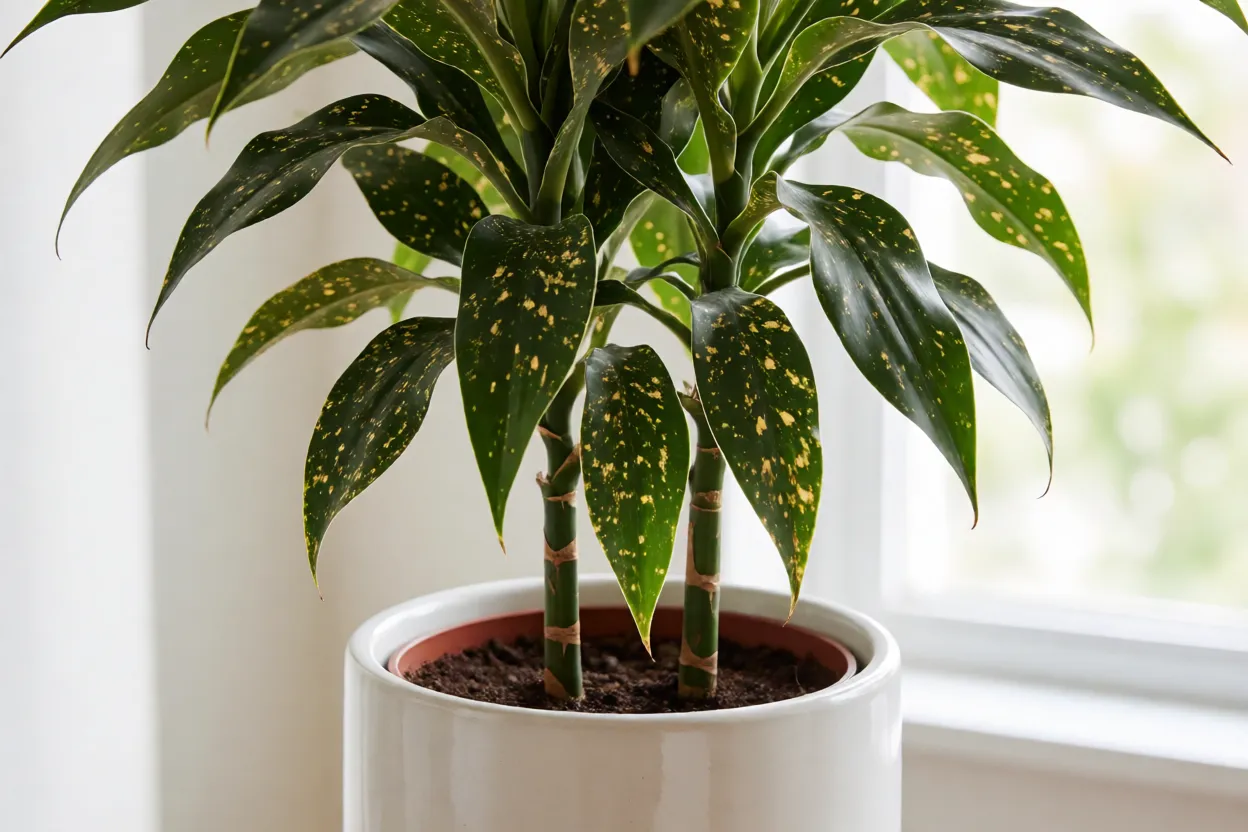 Dracena-bambú adulta em vaso branco em ambiente interno iluminado