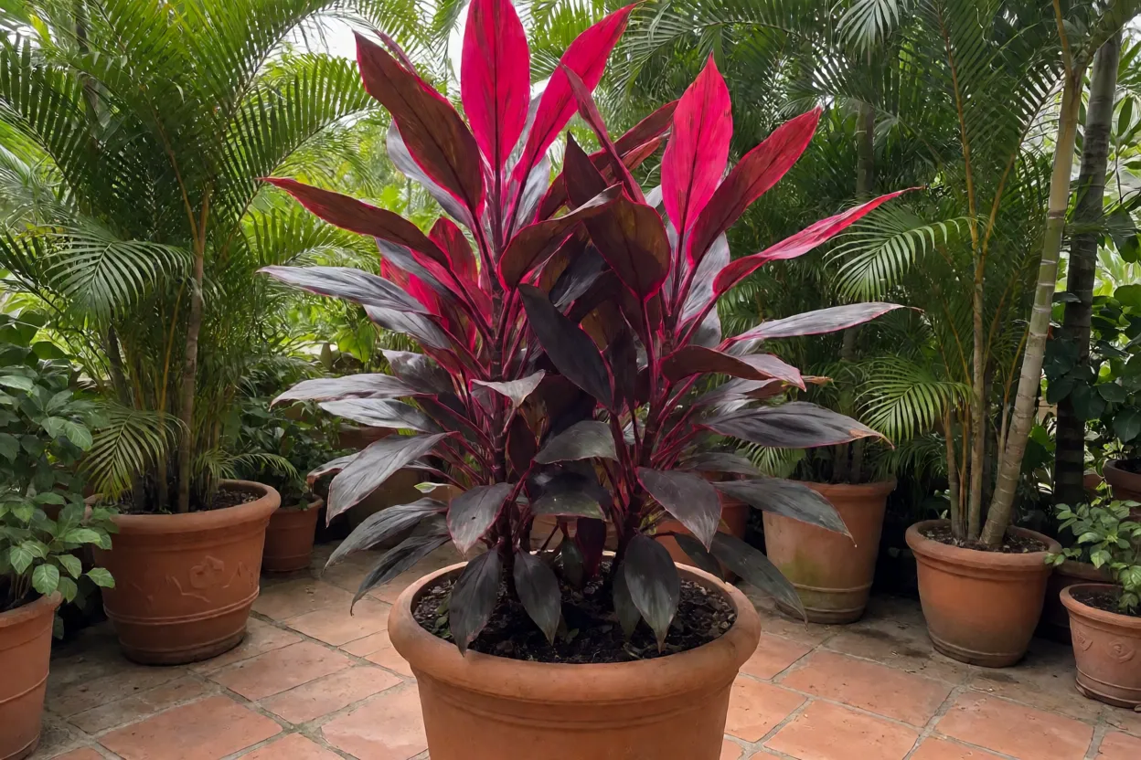 Dracena-vermelha adulta em vaso grande com folhas bordô intensas