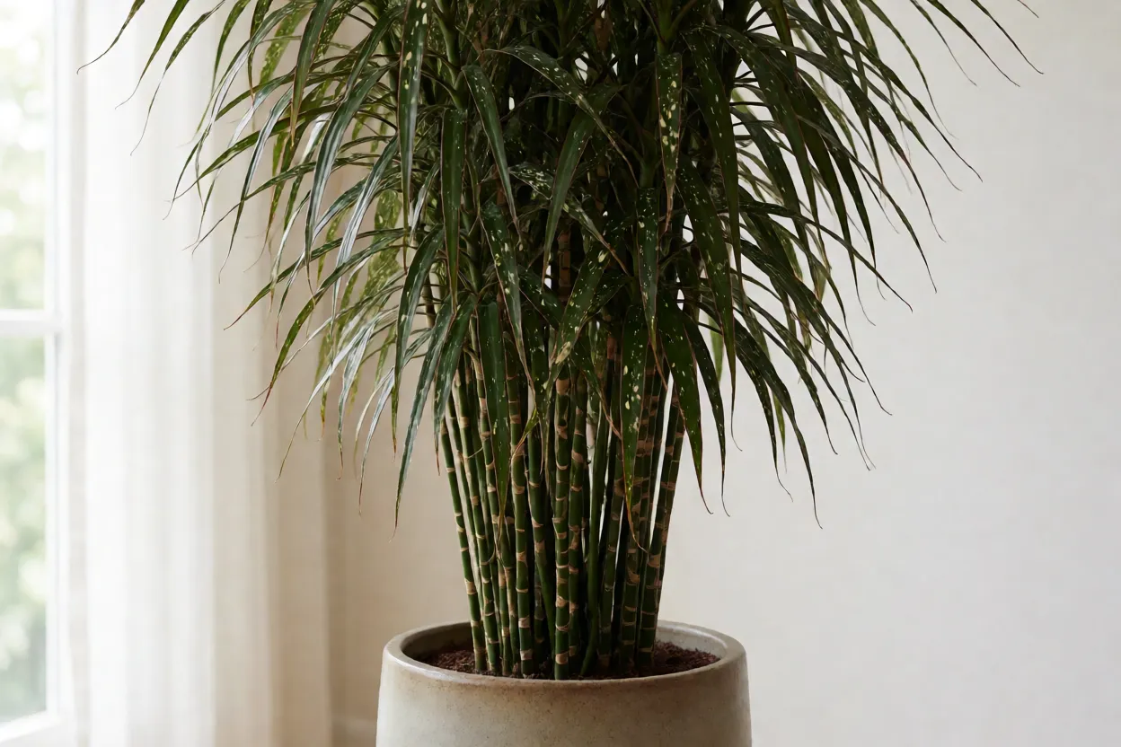 Dracena-zebra adulta em vaso de cerâmica com touceira densa e folhas pintadas