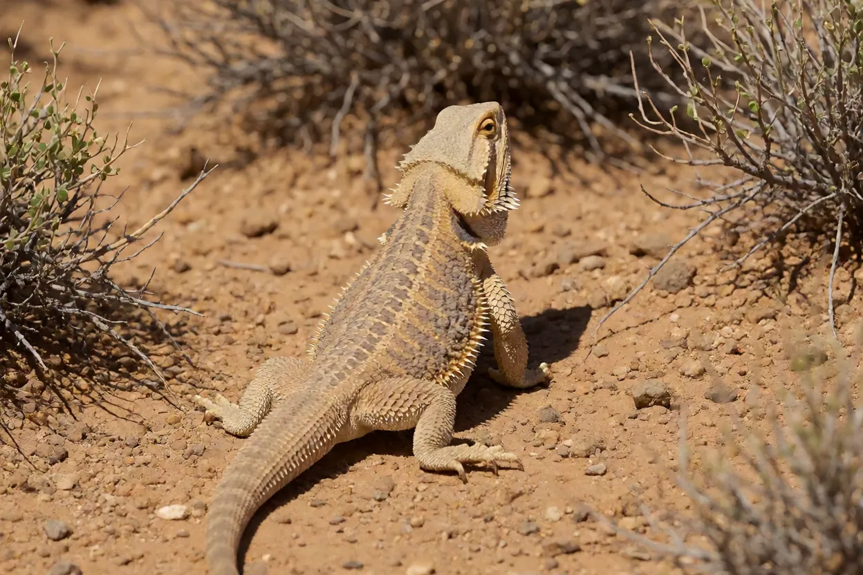 Dragão-barbudo adulto de corpo inteiro em habitat desértico com luz natural