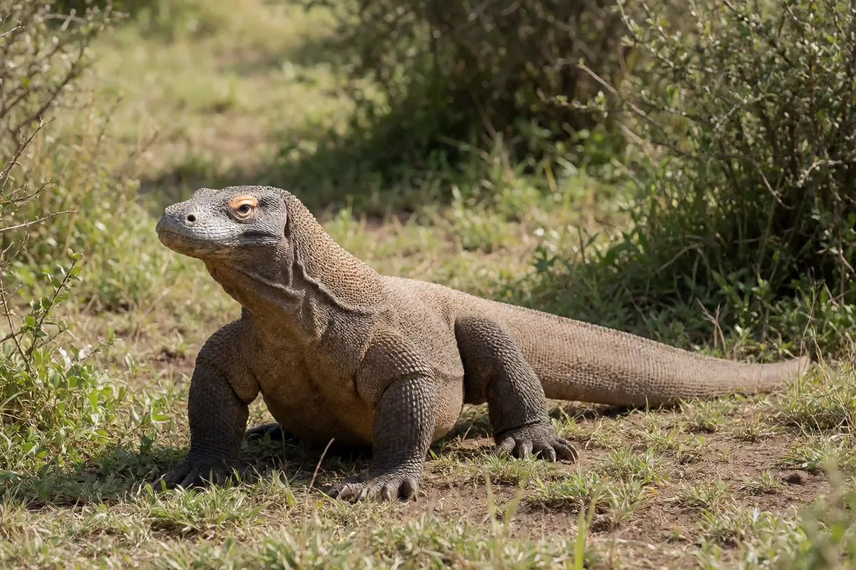 Dragão-de-komodo adulto de corpo inteiro na savana da Ilha de Komodo