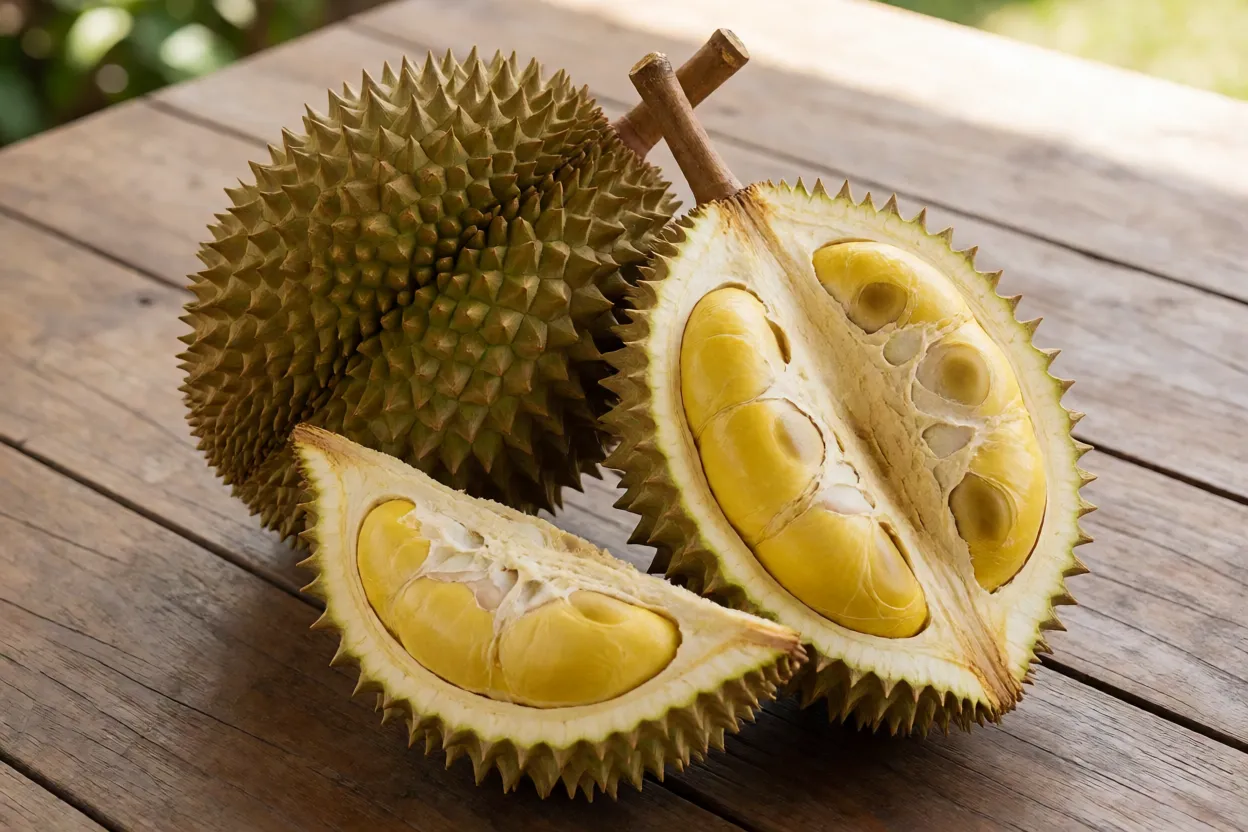 Fruto de durian ou durião inteiro e cortado mostrando polpa cremosa amarela