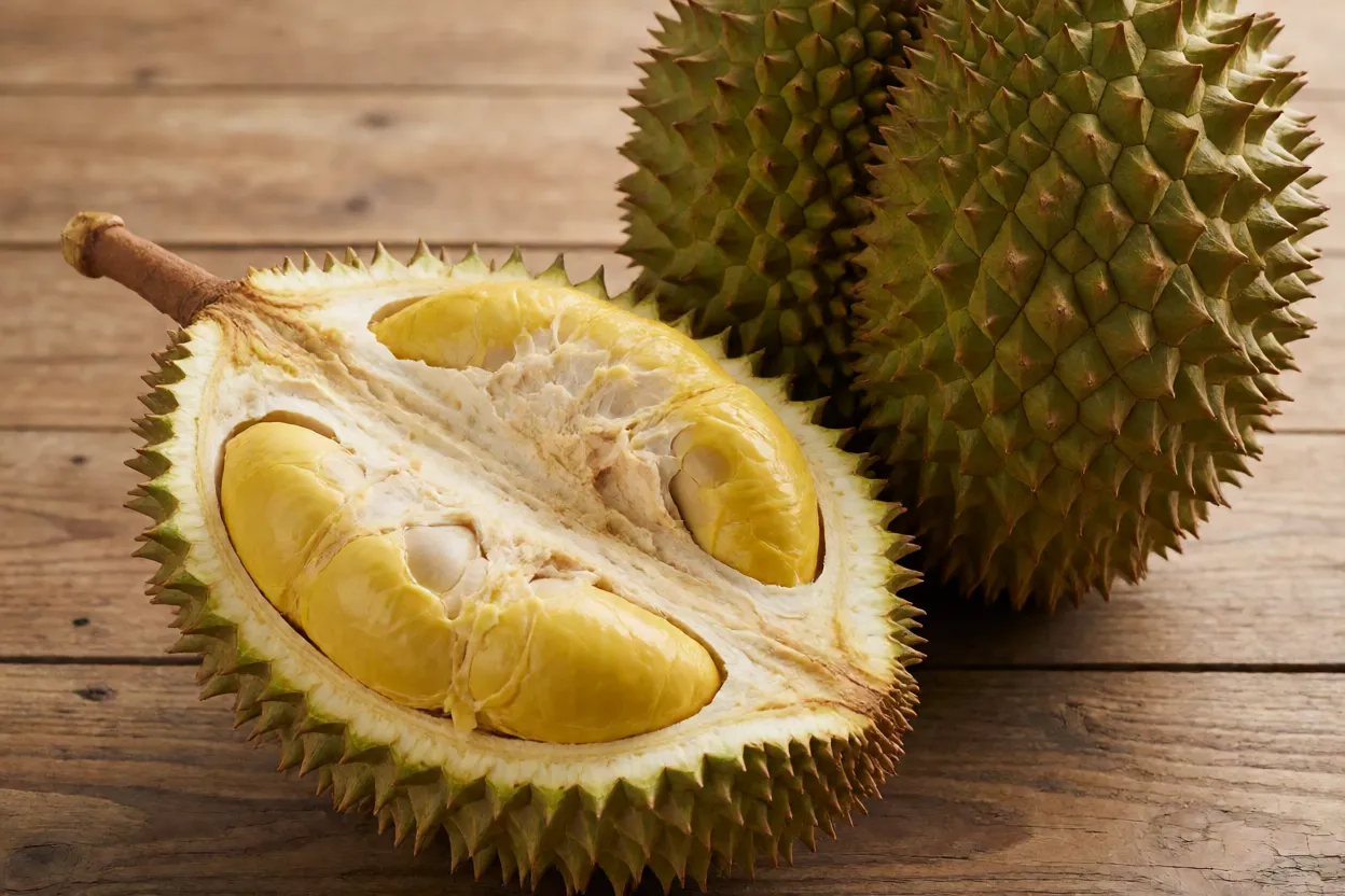 Durio Fruto de Durio inteiro com casca espinhosa e metade aberta mostrando polpa cremosa amarelada