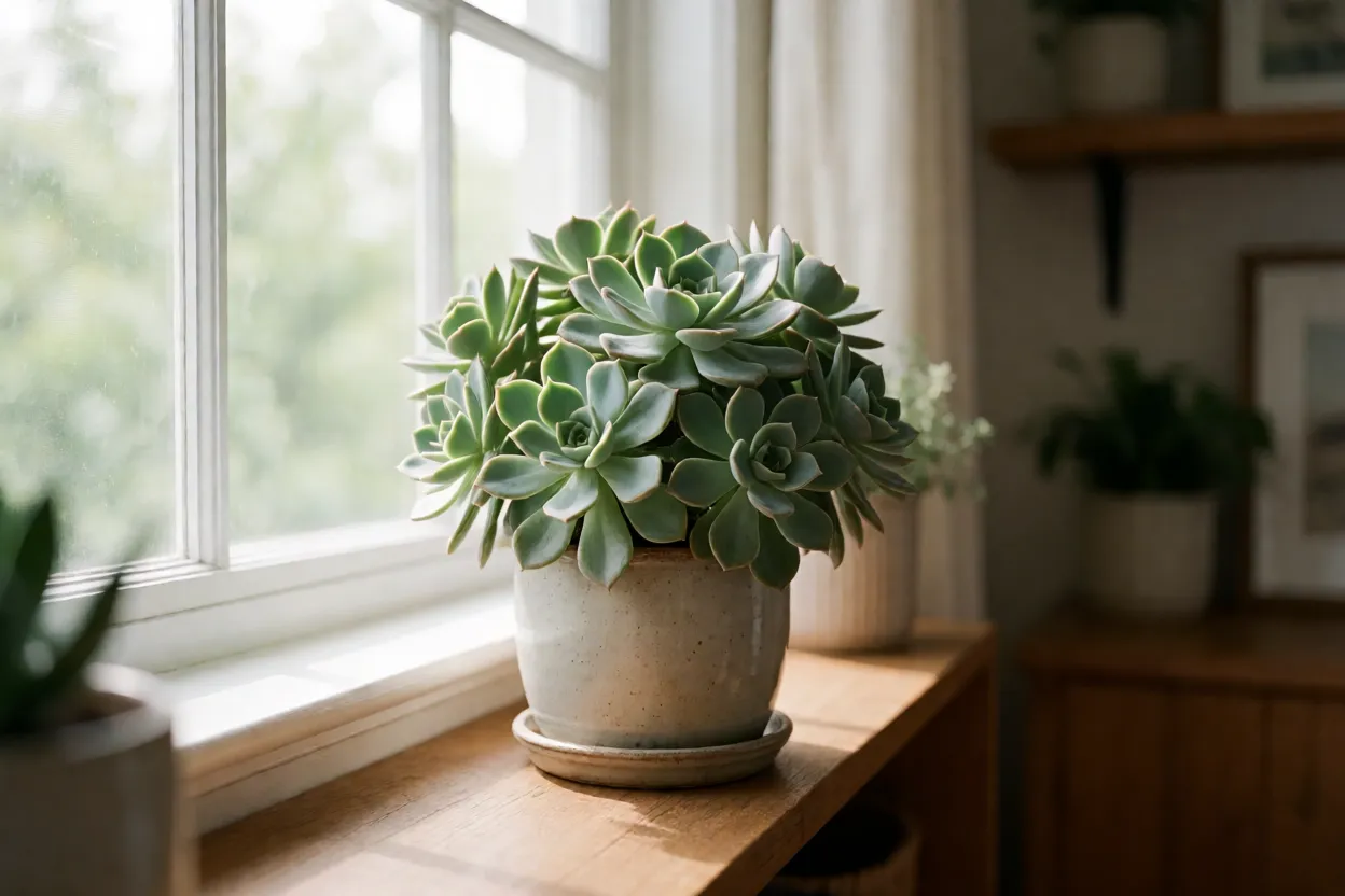 Echeveria em prateleira perto de janela com luz natural dentro de casa