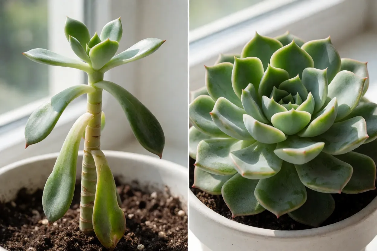 Echeveria estiolada com caule alongado ao lado de uma roseta compacta saud&aacute;vel