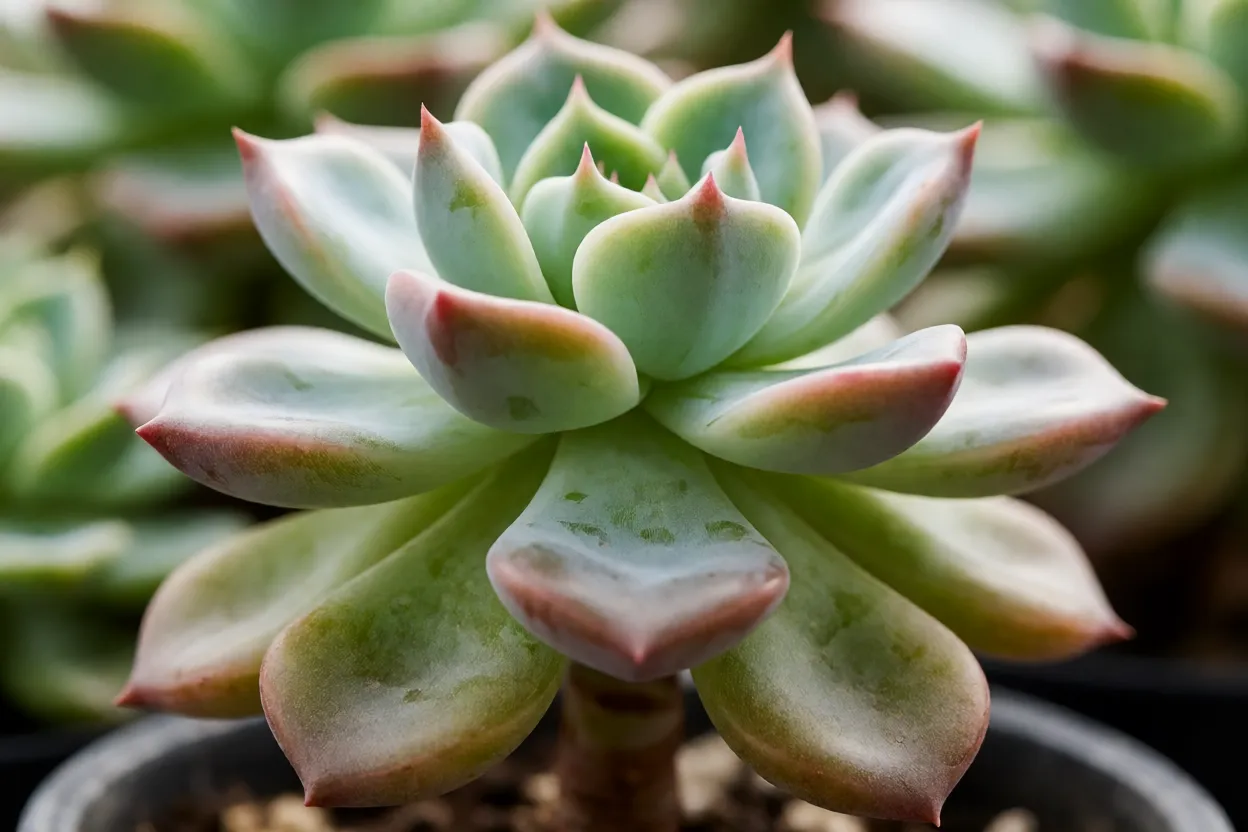 Echeveria com sinais de podrid&atilde;o na base e folhas transl&uacute;cidas