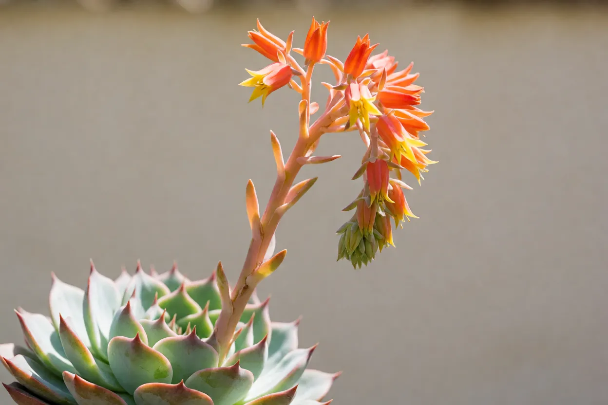 Haste de flores amarelas em forma de sino saindo de uma roseta de Echeveria