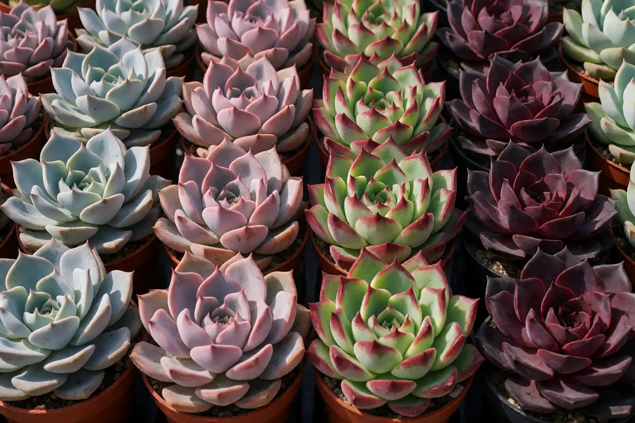 Cole&ccedil;&atilde;o de Echeverias de tipos diferentes lado a lado em vasos pequenos