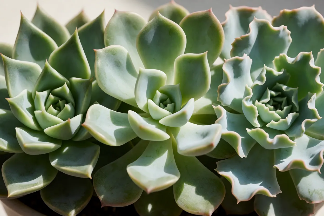 Detalhe de folhas de Echeveria com formatos diferentes, pontudas e em colher