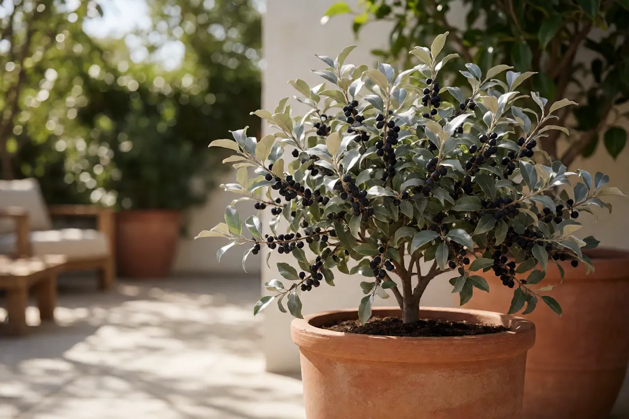 Eleagno-multifloro cultivado em vaso grande em varanda ensolarada