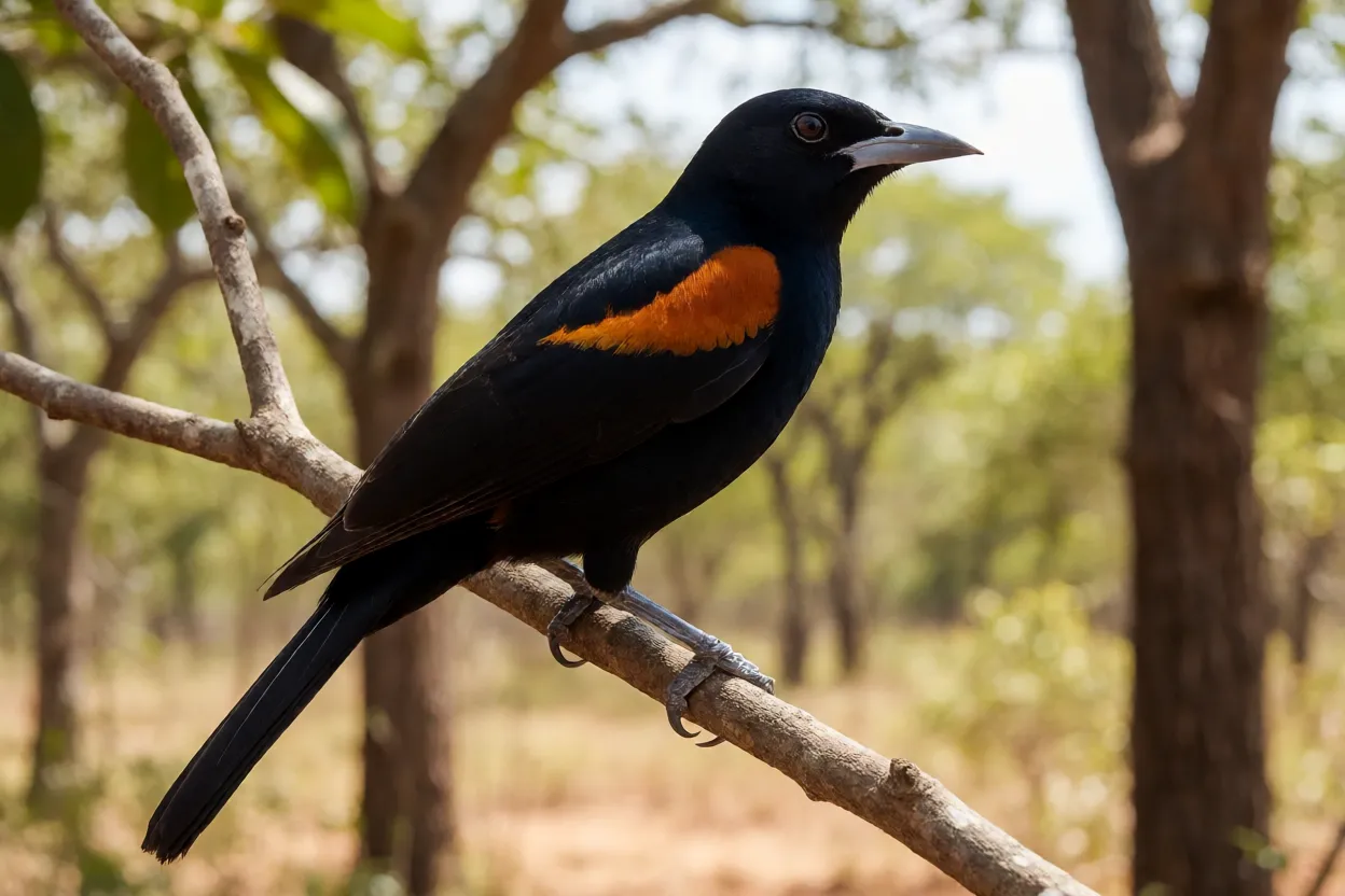 Encontro de corpo inteiro pousado em galho fino mostrando plumagem preta com mancha castanha no ombro