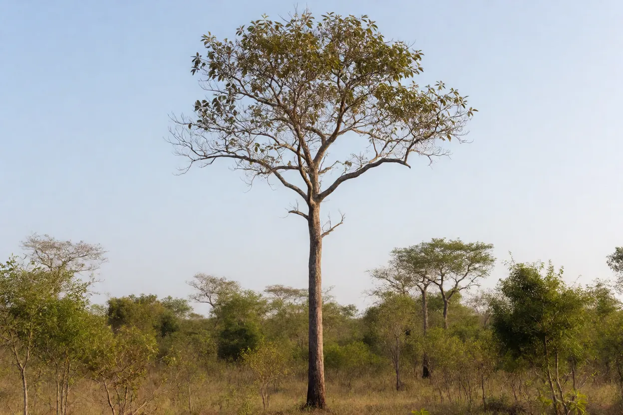 Árvore envira adulta no Cerrado com copa estreita e tronco reto