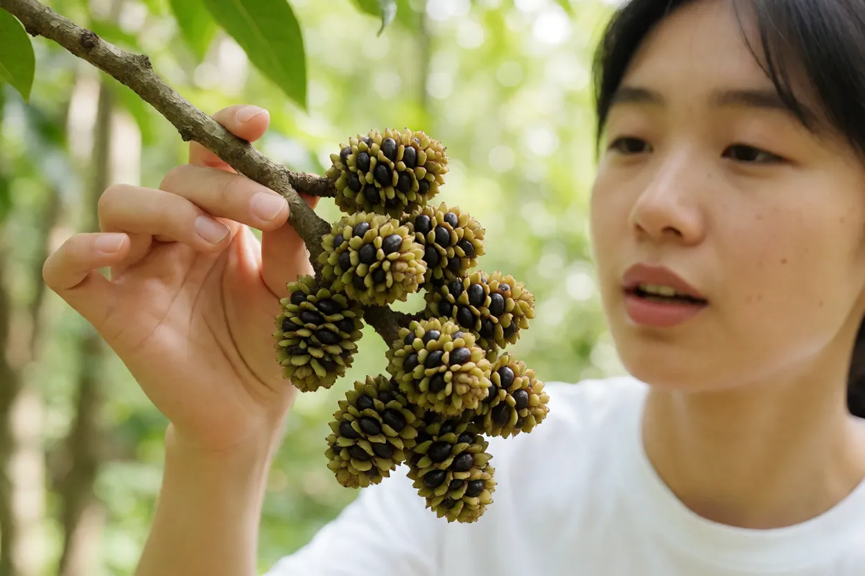 Frutos agregados da envira com sementes escuras