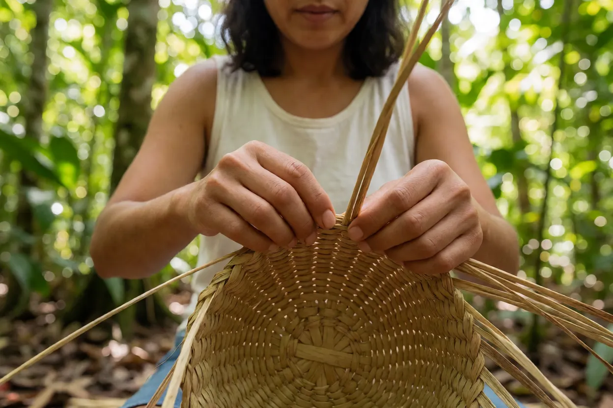 Artesão usando fibra de envira para cestaria na Amazônia
