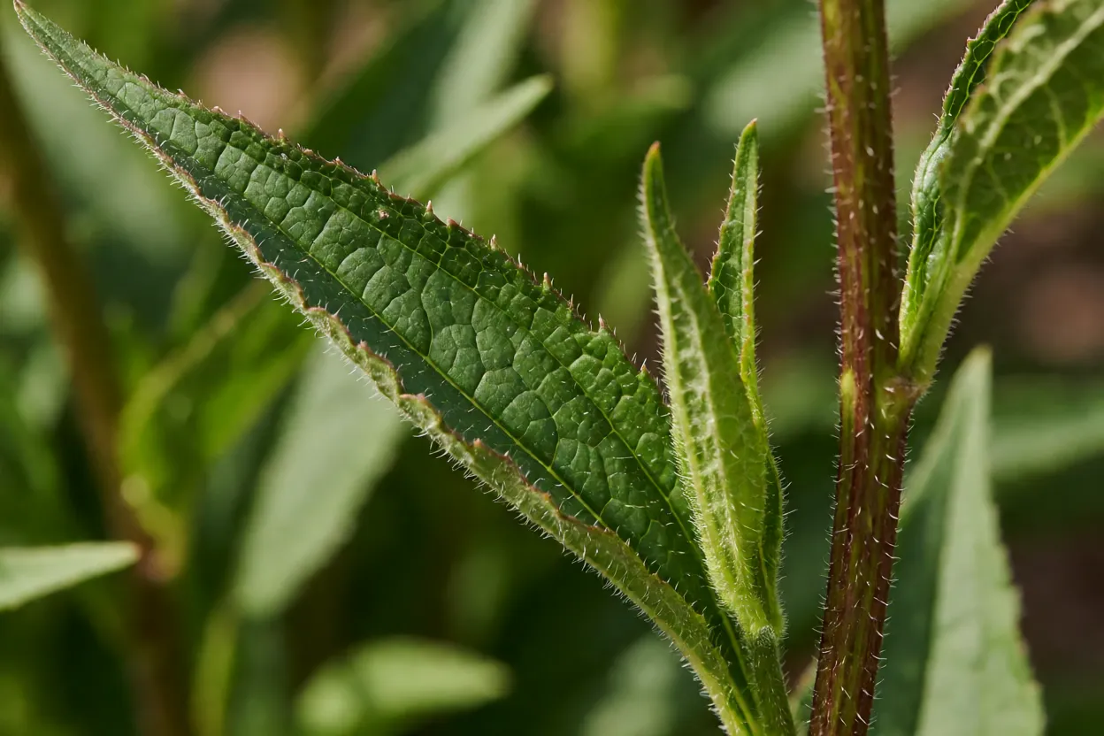 Folhas e caule da equinácea com folhas ásperas e peludas