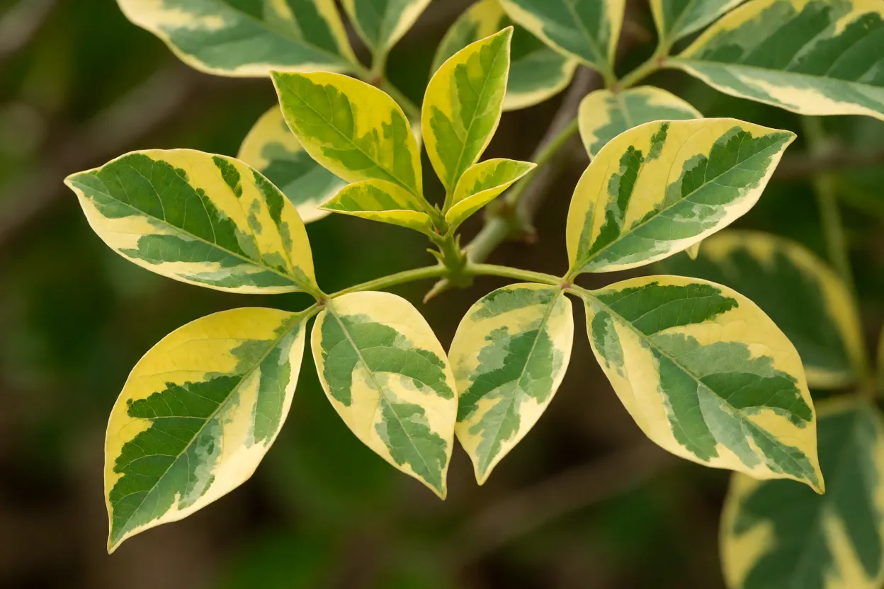Folhas variegadas da eritrina-verde-amarela em close