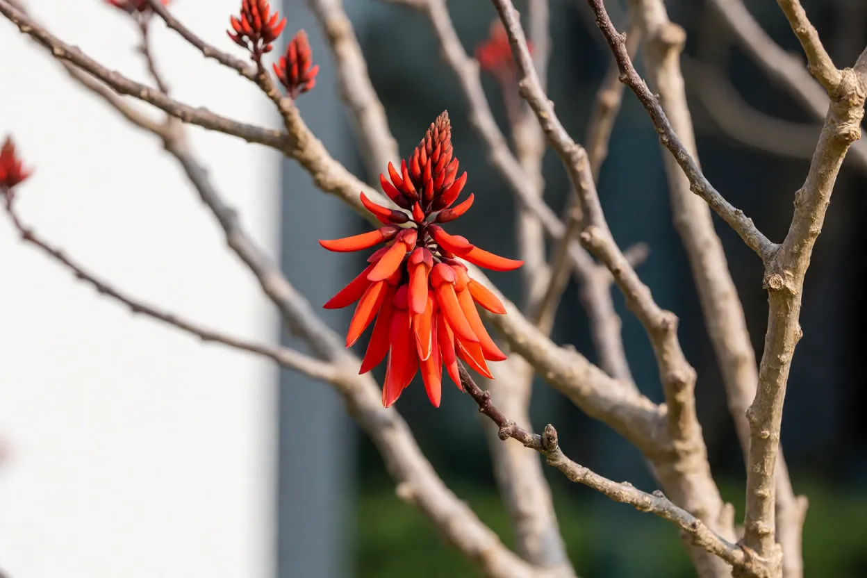 Floração vermelho-alaranjada da eritrina-verde-amarela em galhos sem folhas