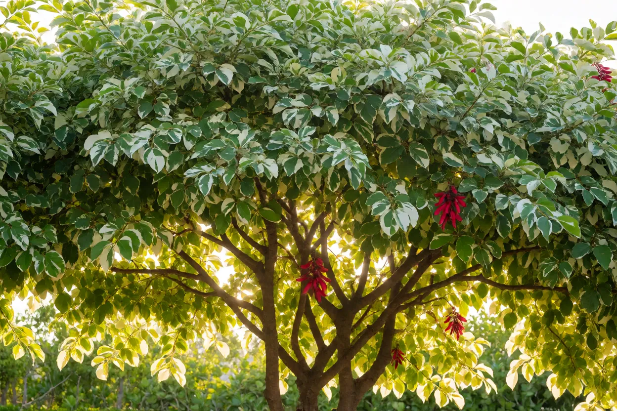 Eritrina-verde-amarela como quebra-vento em jardim litorâneo
